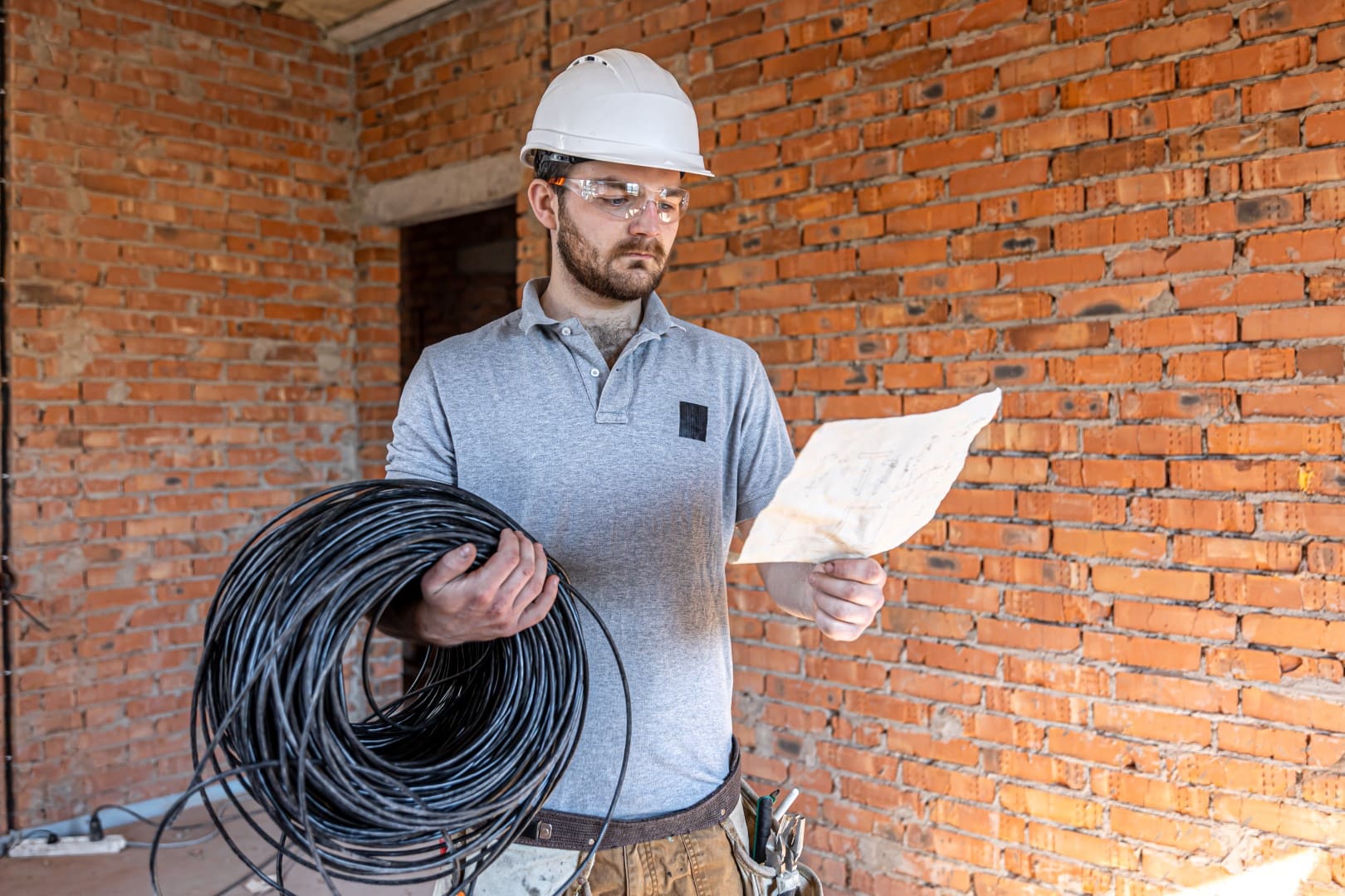 An electrical engineer checking the house plan while holding the electrical cable.